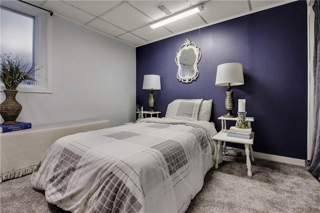 bedroom with visible vents, baseboards, and carpet flooring