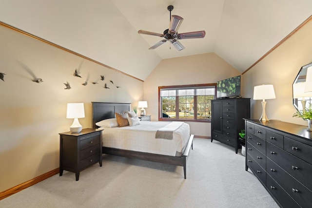 bedroom featuring vaulted ceiling, light colored carpet, baseboards, and ceiling fan