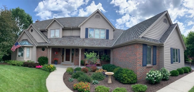 view of front of property featuring brick siding, roof with shingles, and a front lawn