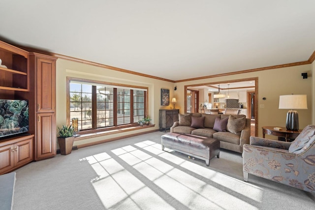 living room featuring light colored carpet and ornamental molding