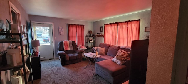 living area featuring carpet and a textured wall