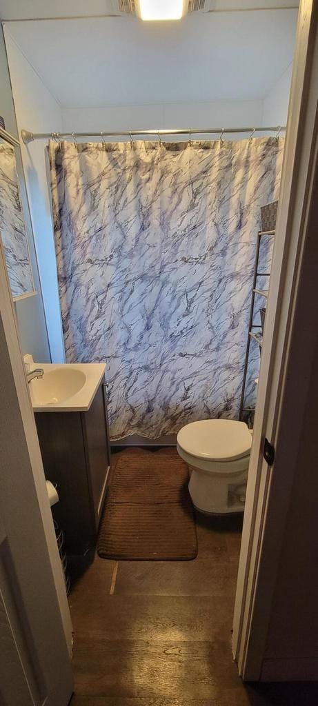 full bathroom featuring toilet, vanity, a shower with shower curtain, and wood finished floors