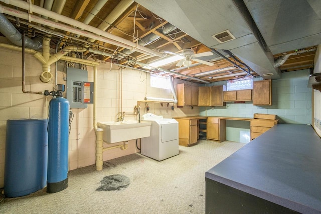 basement featuring electric panel, visible vents, plenty of natural light, and a sink