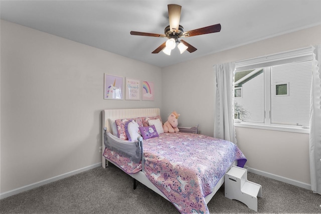 bedroom with baseboards, carpet, and ceiling fan