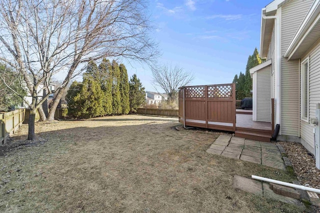 view of yard featuring a deck and a fenced backyard