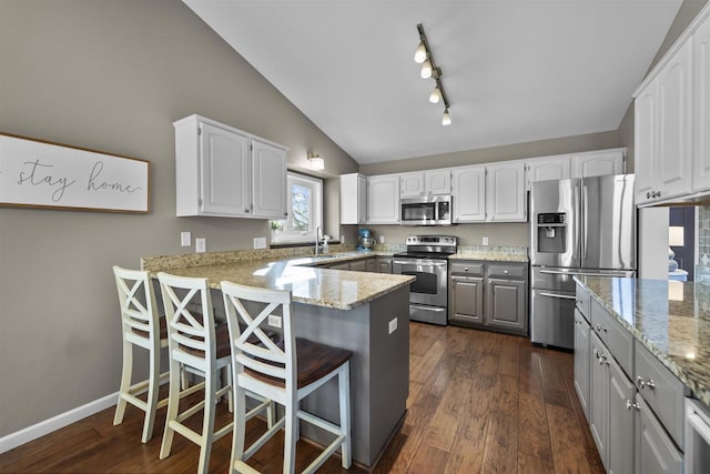 kitchen with dark wood-style floors, a peninsula, gray cabinets, a sink, and stainless steel appliances