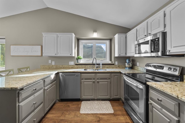 kitchen featuring a sink, lofted ceiling, appliances with stainless steel finishes, a peninsula, and dark wood-style flooring