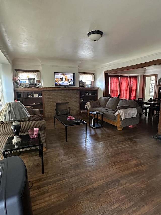 living room with a fireplace and wood finished floors