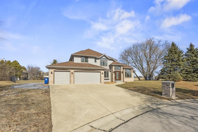 view of front facade with brick siding, concrete driveway, an attached garage, and a shingled roof