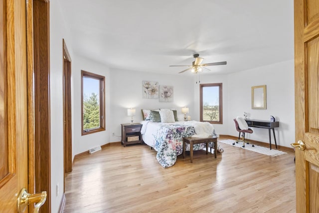 bedroom with visible vents, baseboards, and light wood finished floors