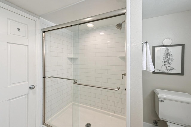 full bathroom featuring a shower stall and toilet