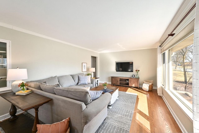 living room with crown molding, wood finished floors, and baseboards