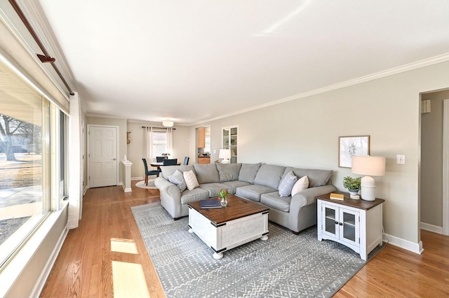 living area with light wood-type flooring, baseboards, and ornamental molding