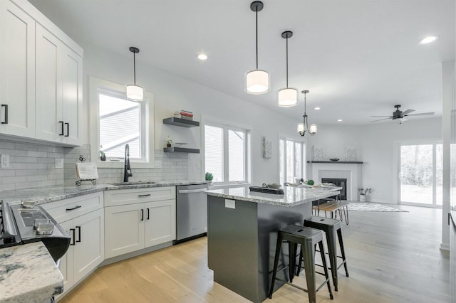 kitchen with light wood finished floors, dishwasher, ceiling fan, and a sink