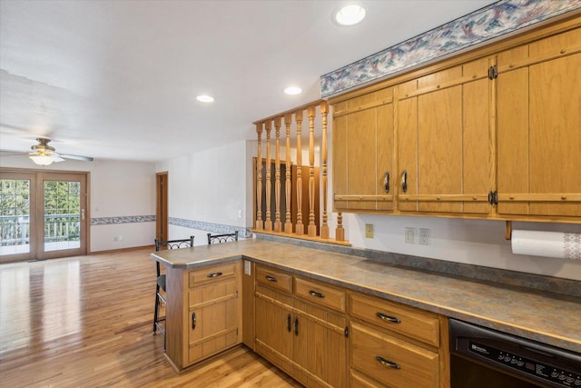 kitchen with light wood-style flooring, recessed lighting, ceiling fan, dishwasher, and open floor plan