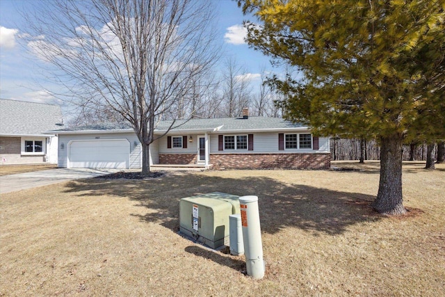 single story home with concrete driveway, an attached garage, brick siding, and a chimney