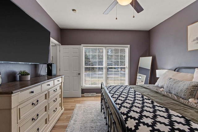 bedroom featuring a ceiling fan, light wood-style floors, and visible vents