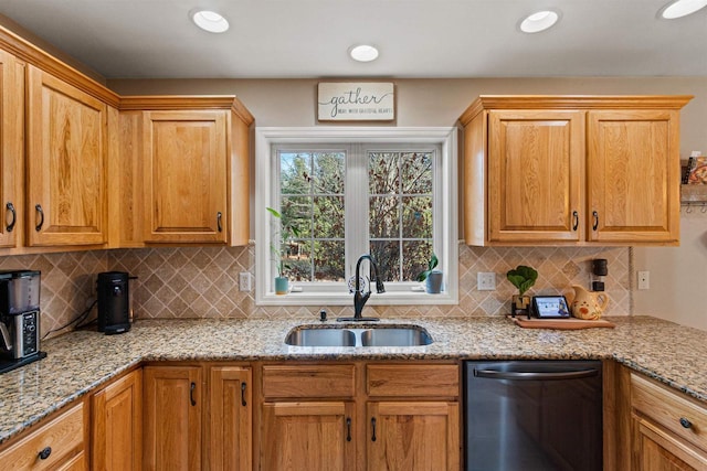 kitchen with light stone counters, a sink, decorative backsplash, and stainless steel dishwasher