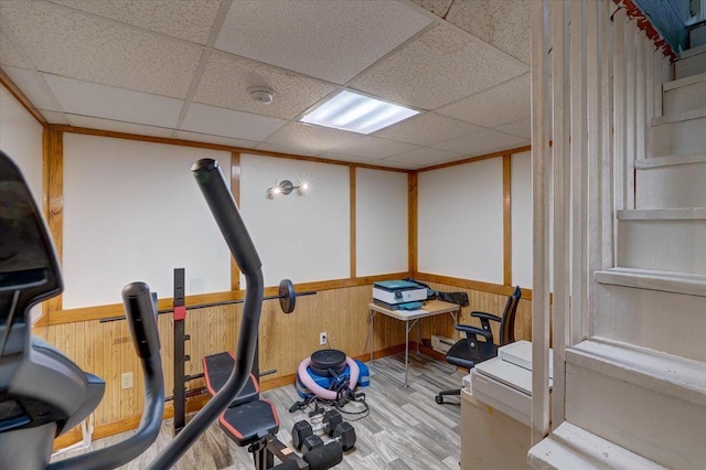 exercise area featuring wooden walls, wainscoting, a paneled ceiling, and wood finished floors