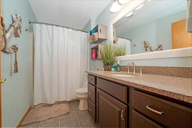 full bathroom with visible vents, curtained shower, toilet, tile patterned floors, and vanity