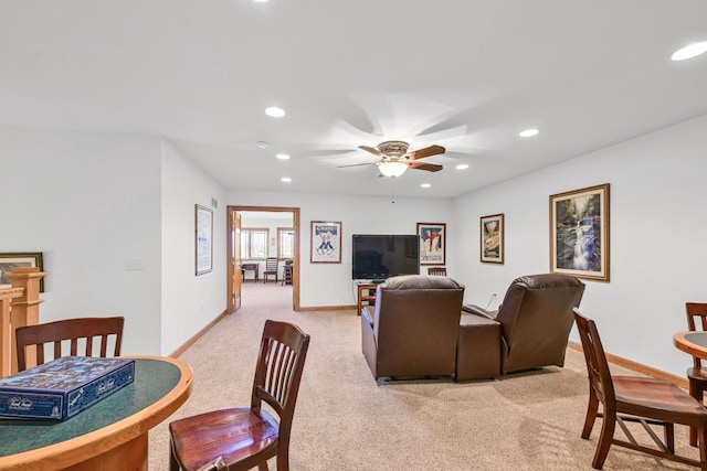 dining space with recessed lighting, baseboards, light colored carpet, and a ceiling fan