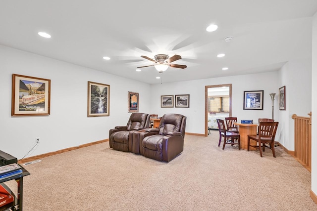 cinema room with recessed lighting, baseboards, light carpet, and ceiling fan