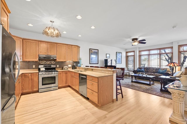 kitchen featuring a peninsula, under cabinet range hood, appliances with stainless steel finishes, a kitchen breakfast bar, and open floor plan