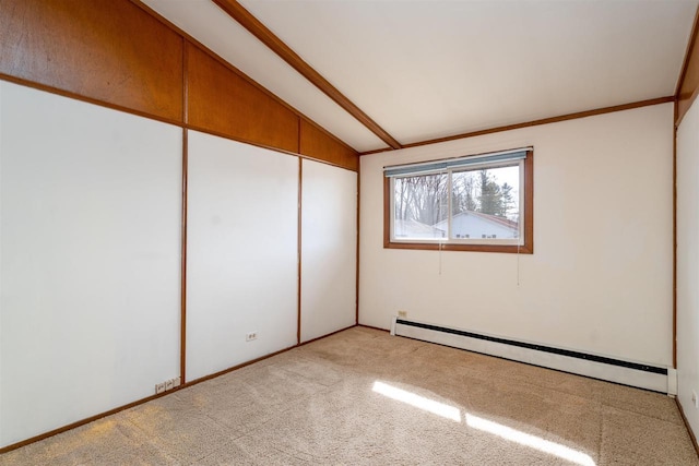 spare room with light carpet, lofted ceiling, and a baseboard radiator