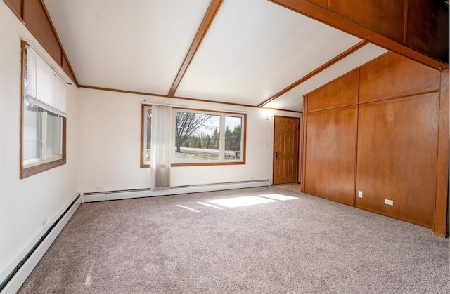 unfurnished room featuring baseboard heating, carpet flooring, vaulted ceiling with beams, and a baseboard heating unit