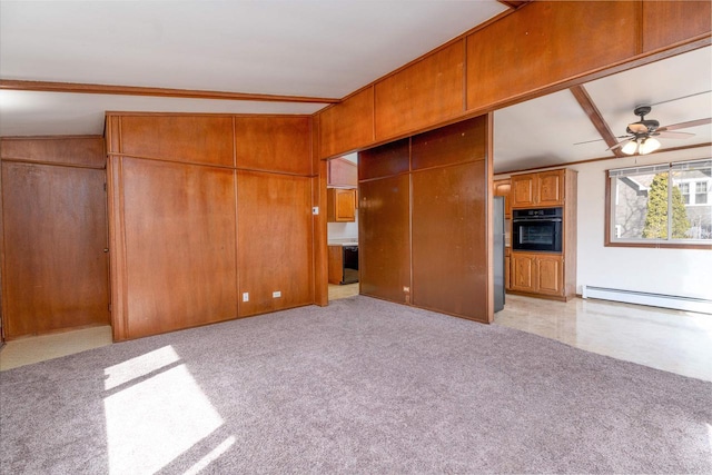 unfurnished living room featuring ceiling fan, light colored carpet, and a baseboard radiator