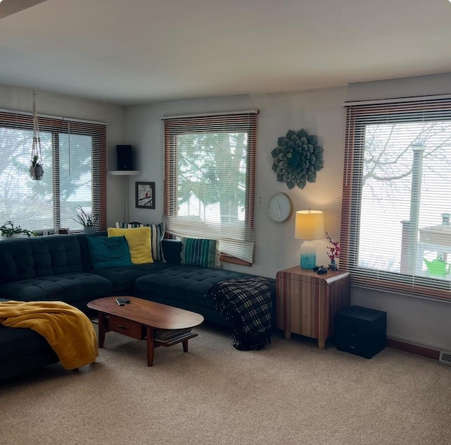 carpeted living room with visible vents