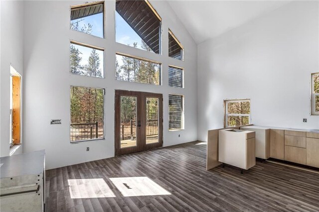 S10460 Black Creek Rd, Fairchild, WI 54741 - doorway to outside featuring dark wood-style flooring, high vaulted ceiling, and french doors