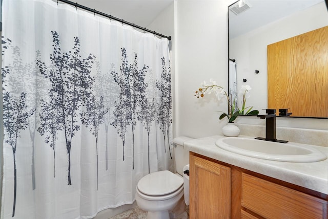 bathroom with tile patterned floors, visible vents, toilet, curtained shower, and vanity