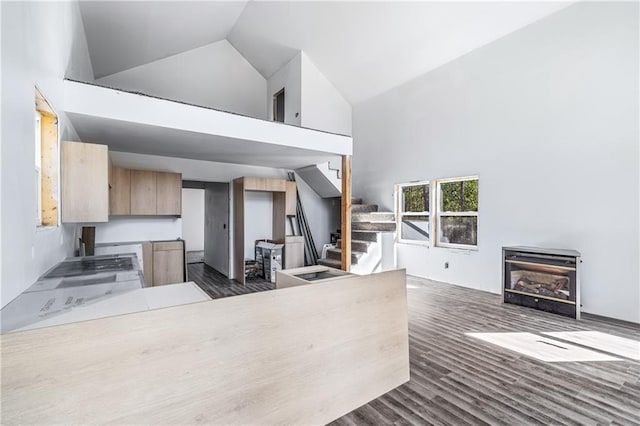 kitchen featuring high vaulted ceiling, light brown cabinetry, a glass covered fireplace, open floor plan, and dark wood-style flooring