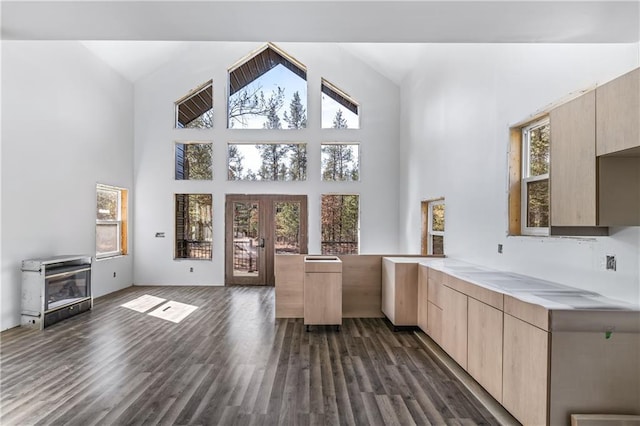 kitchen featuring light brown cabinetry, french doors, and a towering ceiling