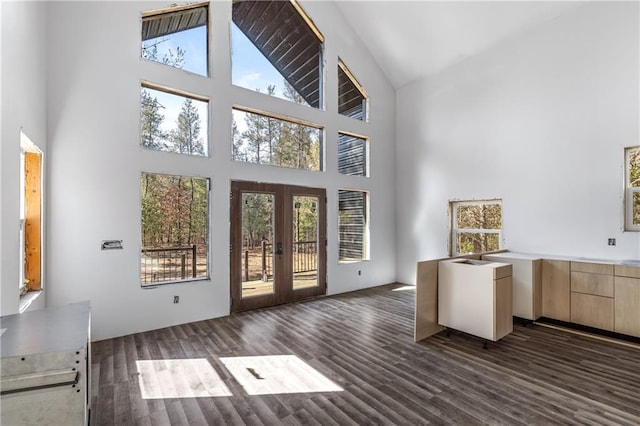 doorway to outside with dark wood-style floors, french doors, and high vaulted ceiling