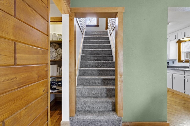 stairway featuring wood finished floors