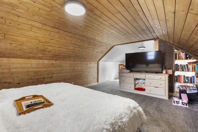 carpeted bedroom featuring wood walls, wood ceiling, and lofted ceiling