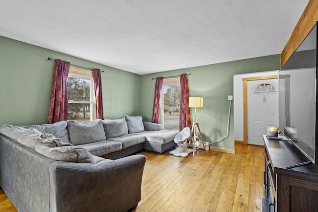 living area featuring a wealth of natural light, light wood-style flooring, and baseboards