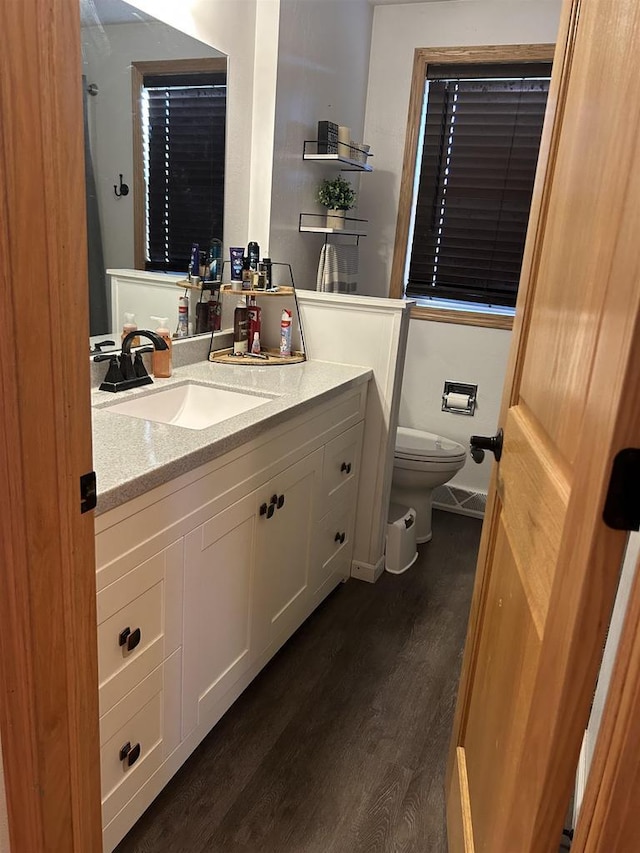 bathroom featuring toilet, wood finished floors, and vanity