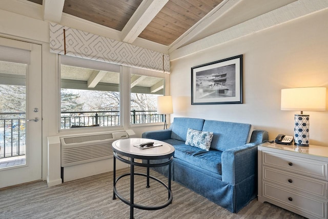 living area featuring vaulted ceiling with beams, wood ceiling, and a wall mounted air conditioner