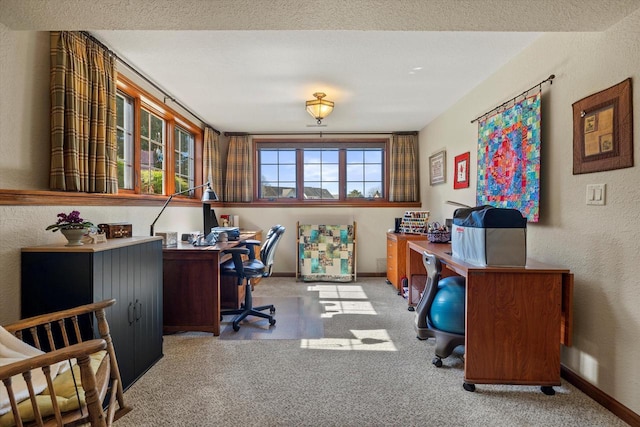 office area with a textured wall, baseboards, and carpet floors