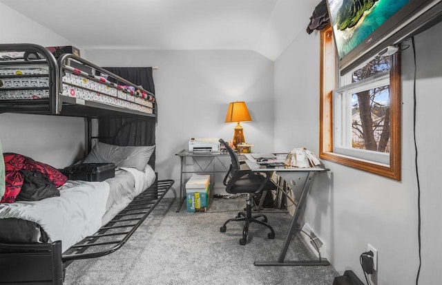 bedroom featuring carpet floors and vaulted ceiling