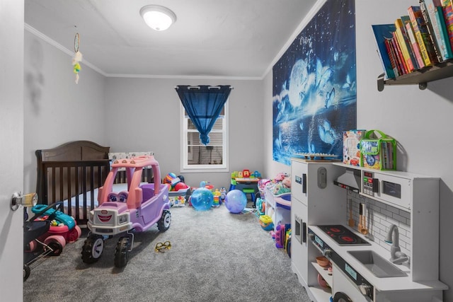 carpeted bedroom with crown molding