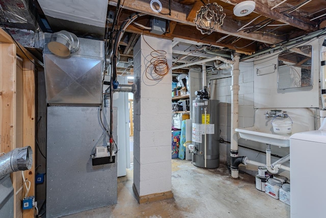 unfinished basement with a sink, heating unit, washer / dryer, and water heater