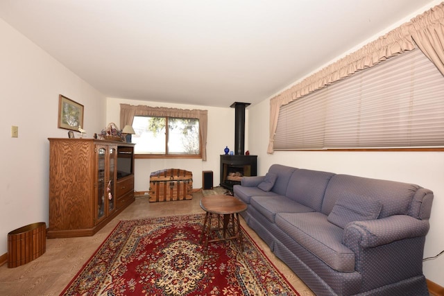 living area with a wood stove