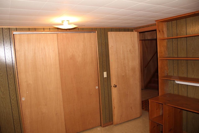 basement featuring wood walls