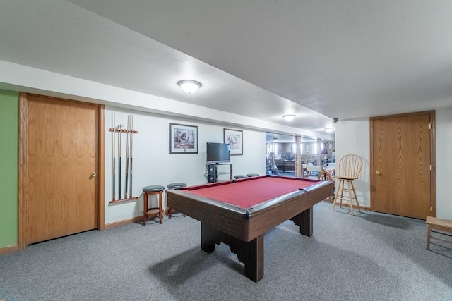 rec room featuring baseboards, carpet, and billiards