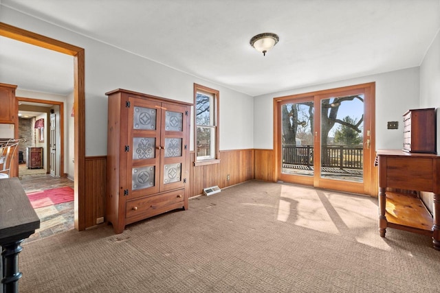 interior space featuring light carpet, wainscoting, and wood walls