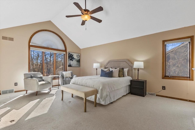 bedroom featuring visible vents, carpet floors, and high vaulted ceiling